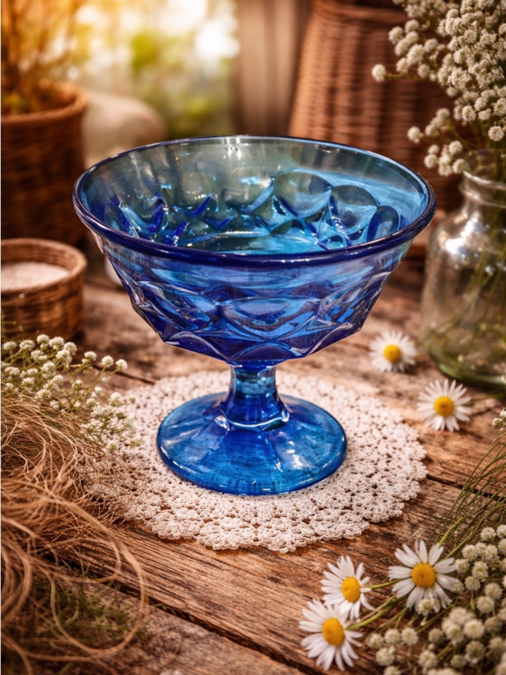 Vtg Noritake Perspective Japan Blue Thumbprint Pedestal Dessert Glassware